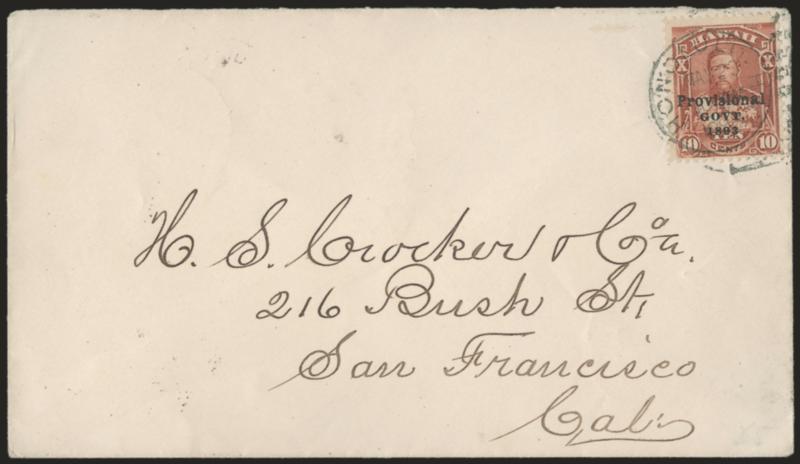 1893, 12c Black, Red Ovpt., 10c Red Brown, Black Ovpt. (62, 68).> Each tied by neat Honolulu H.I. May 23, 1893 duplex cancel on <First Day> covers, both addressed to H. S. Crocker & Co. in San Francisco, each
with San Francisco May 31 receiving bac