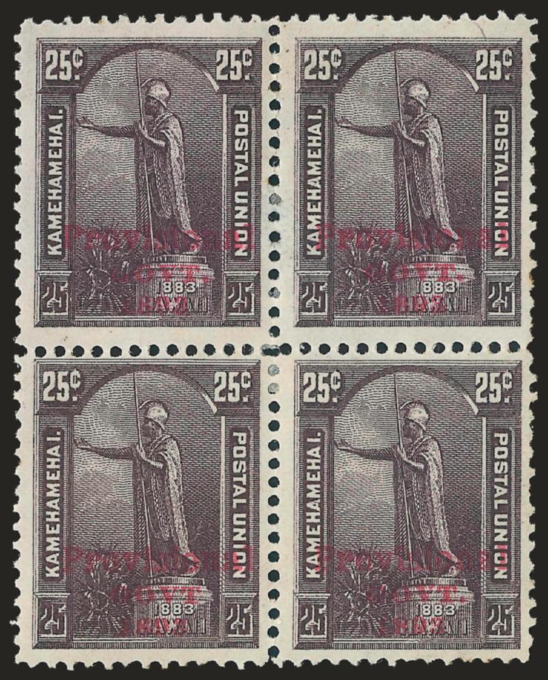 1893, 25c Dark Violet, Red Ovpt., No Period After Govt. (64b).> Bottom left stamp in block of four with three normal, slightly disturbed original gum with few adherences, bottom right stamp short perfs,
otherwise Fine
