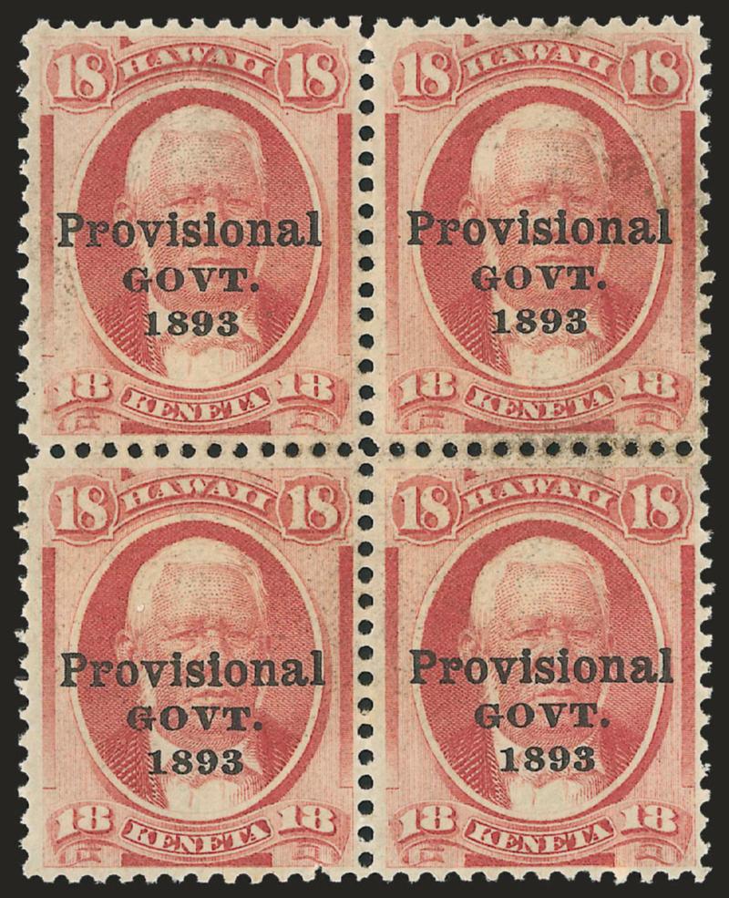 1893, 2c-18c Provisionals, Black Ovpt. (65-66, 67-68, 70-71).> Blocks of four, 2c-15c one or two in each Mint N.H., 18c traces of original gum, few trivial imperfections, Fine-Very Fine