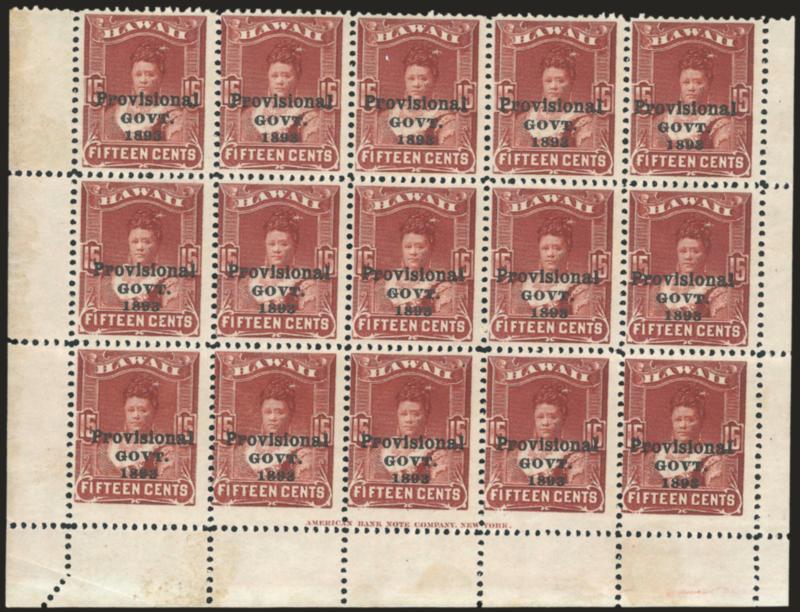 1893, 15c Red Brown, Black Ovpt. (70).> Block of fifteen with selvage on three sides, bottom two rows and two at top Mint N.H., rich color on crisp paper, Fine-Very Fine, Scott Retail as singles