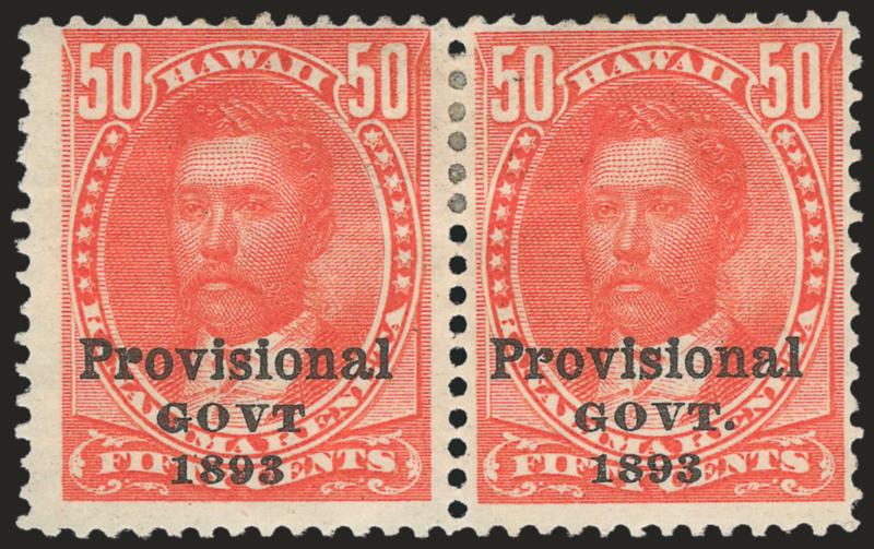 1893, 50c Red, Black Ovpt., No Period After Govt. (72b).> In pair with normal, left stamp the variety, original gum, h.r., radiant color, Fine