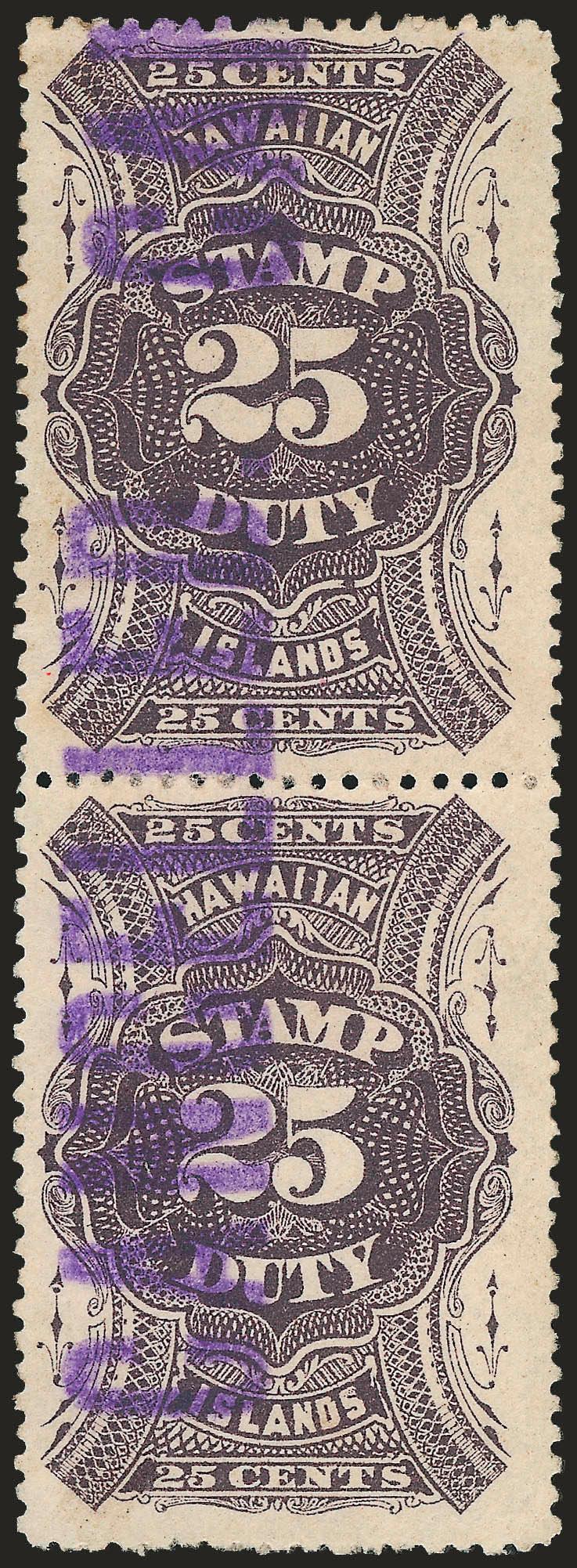 1894, 25c Violet Brown (R10).> Vertical pair, rich color, purple Cancelled handstamp, Very Fine and choice, Scott Retail as singles