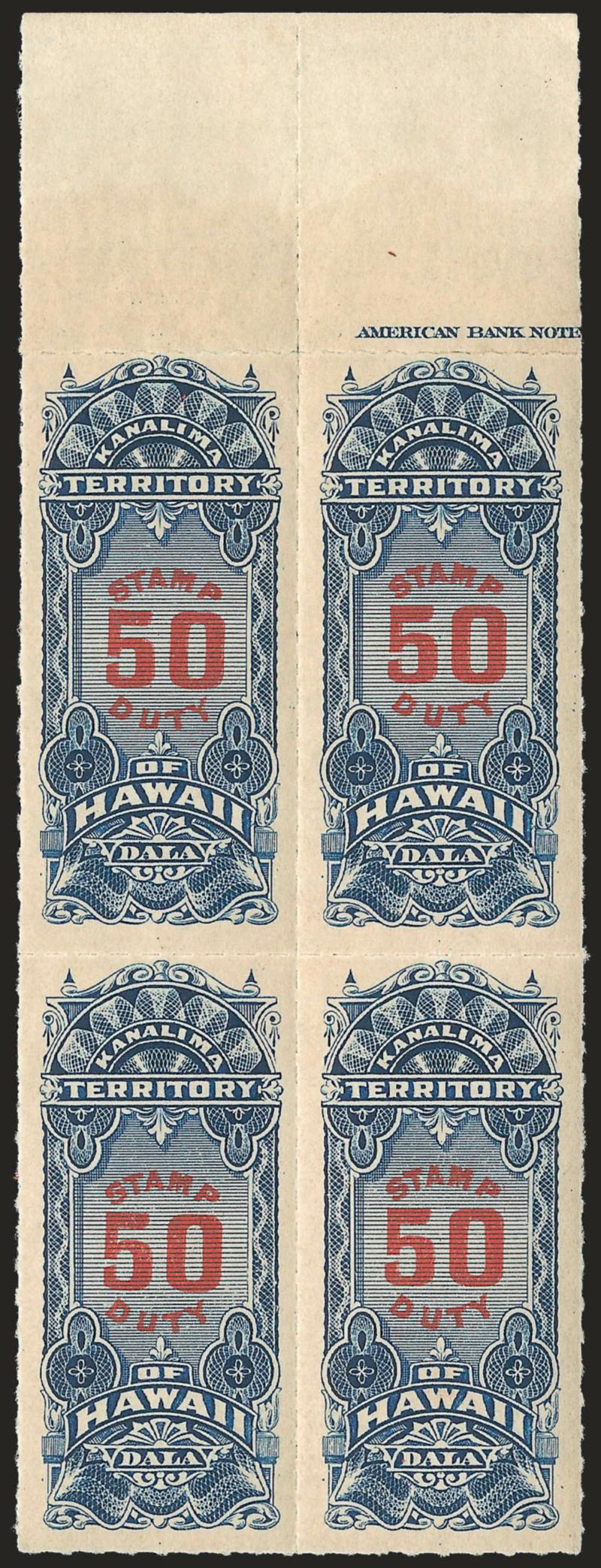 1901, $50.00 Slate Blue & Carmine (R12).> Mint N.H. block of four with selvage at top and part imprint, fresh and Very Fine, Scott Retail as singles
