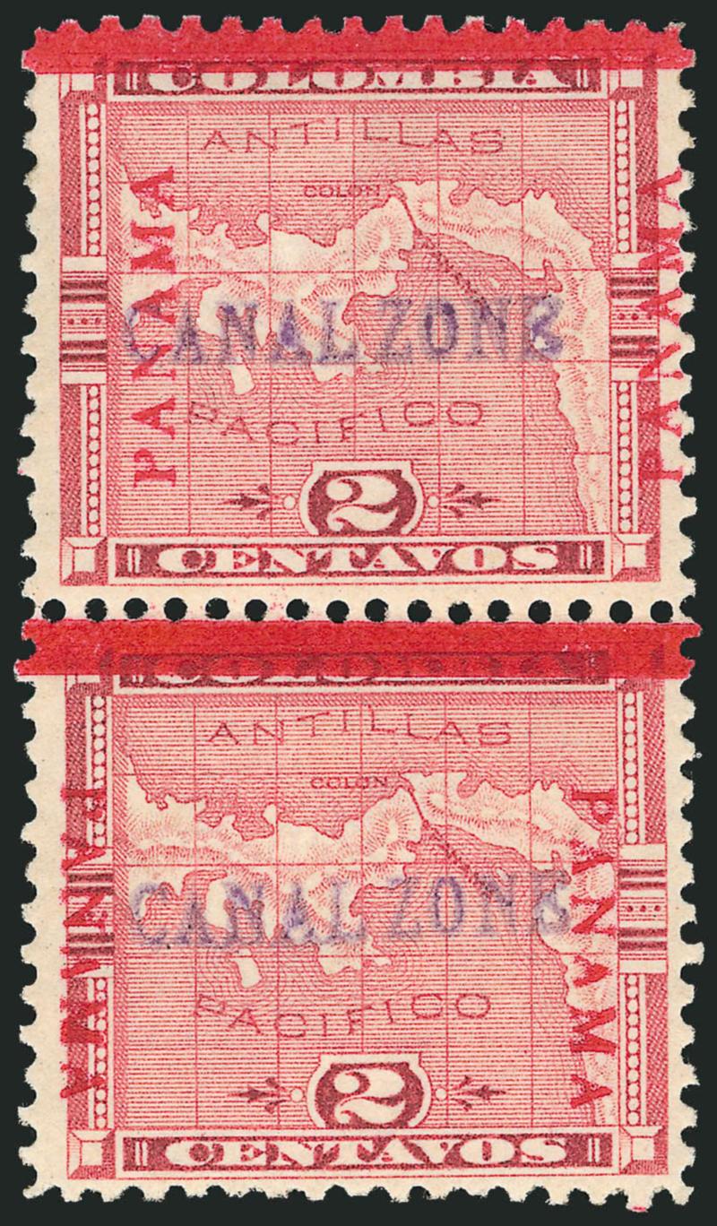 1904, 2c Rose, Vertical Pair, Panama Reading Up on Top 2c, Down on Other (1f).> Top stamp h.r., fresh and bright color<><>^VERY FINE AND CHOICE. A RARE VERTICAL PAIR WITH PANAMA READING UP ON TOP STAMP AND DOWN
ON BOTTOM STAMP.^<><>The Panam