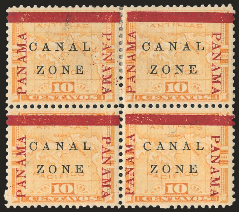 1904, 10c Yellow, Canal in Antique Type (13a).> In block of four with three normal, bottom right stamp the variety, slightly tropicalized original gum, h.r. at top center where few perf separations sensibly
reinforced, Very Fine, attractive multipl
