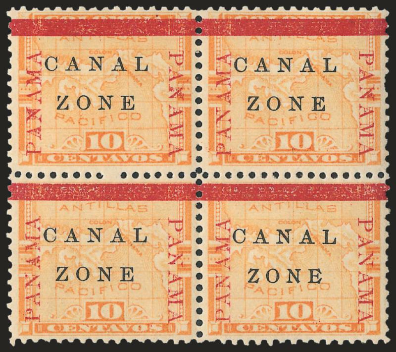 1904, 10c Yellow, Zone in Antique Type (13b).> Block of four with three normal, bottom right stamp the variety, tropicalized original gum, vibrant color, choice centering, Very Fine, only 400 were
printed
