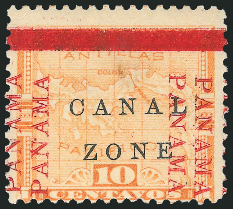 1904, 10c Yellow, Panama Ovpt. Double (13c).> Tropicalized original gum, clear doubling on both PANAMAs, fresh and Fine, only 80 were printed, with 1999 P.F. certificate