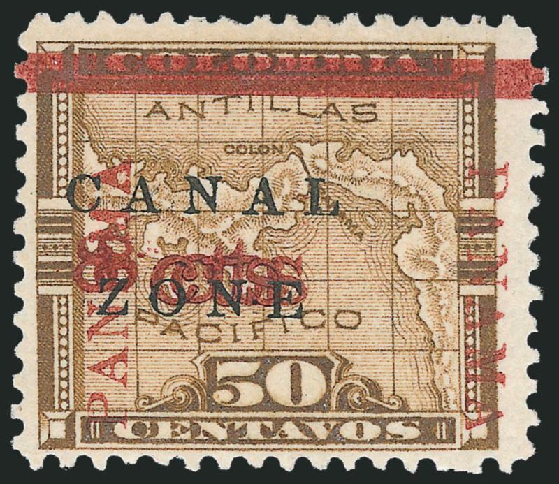 1904, 8c on 50c Bister Brown, Panama Ovpt. in Rose Brown, 8cts Double (14f).> Unused (no gum), clear doubling of the surcharge, crisp impression, fresh and Fine, scarce, according to <<Canal Zone Stamps>> only
30 were printed (25 from the lower r