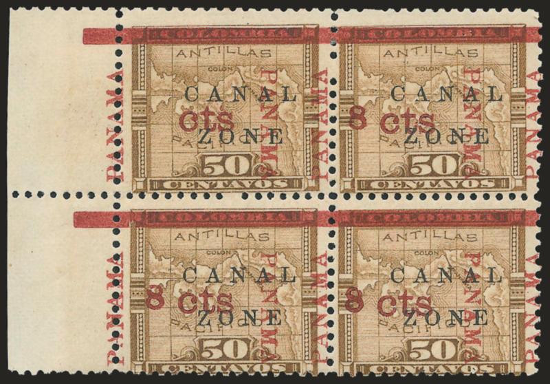1904, 8c on 50c Bister Brown, Panama Ovpt. in Rose Brown, 8 Omitted (14g).> Left margin block of four, top left stamp (Position 1) the error, Panama overprints shifted to left so that Panama reads up and down
close to one another and is compl