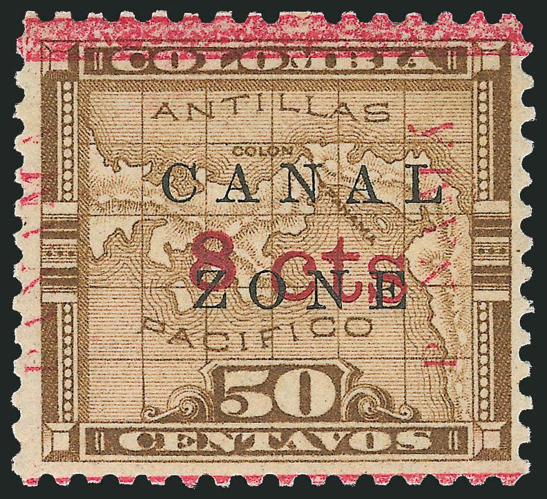 1904, 8c on 50c Bister Brown, P NAMA at Right (15 var).> Position 83, tropicalized original gum, rich color, choice centering<><>^VERY FINE AND CHOICE. A RARE EXAMPLE OF THE P NAMA PRINTING ERROR.^<><>According
to <<Canal Zone Stamps>> the er