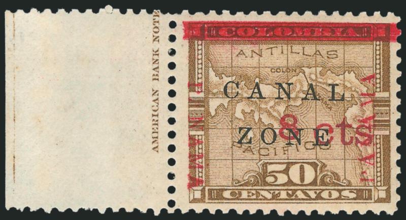 1904, 8c on 50c Bister Brown, Panama Reading Down and Up (15a).> Position 51 with <part imprint at left,> left stamp with faint first A of Panama, barely tropicalized original gum, deep rich colors, almost
perfectly centered<><>^EXTREMELY FIN