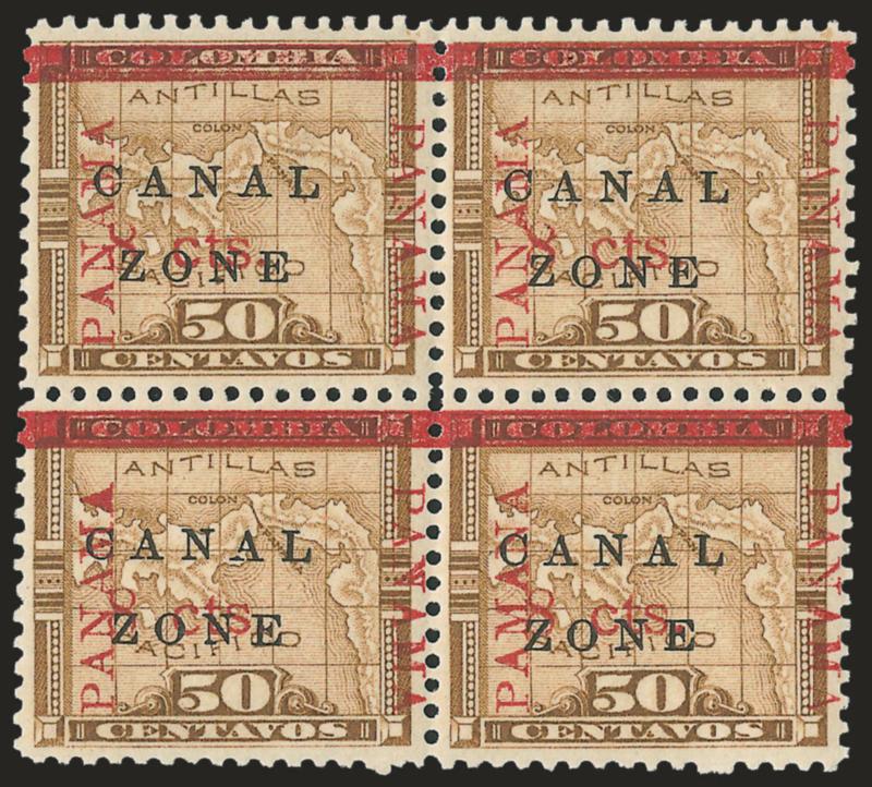 1906, 8c on 50c Bister Brown, Both Panama Reading Up, 15mm Panama (19 var).> Block of four, tropicalized original gum, each stamp shows the variety, fresh and Very Fine, Scott Retail as singles
