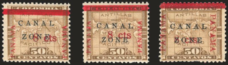 1906, 8c on 50c Bister Brown, Canal in Antique Type, Zone in Antique Type, Panama Reading Down and Up (19a, 19b, 19d).> Single of each, tropicalized original gum and small tear, otherwise Fine, first two with
1999 P.F. certificates