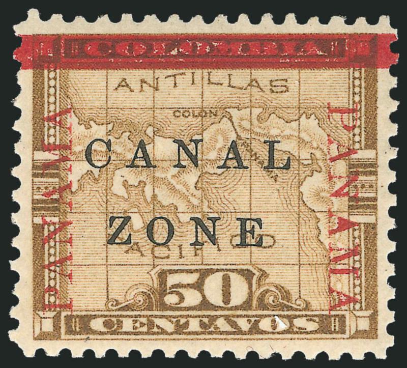 1906, 8c on 50c Bister Brown, Panama Reading Up and Down, 8 cts Omitted (20c).> Barely hinged, sharp proof-like impression, almost perfectly centered, Extremely Fine Gem, only 50 were printed with the surcharge
omitted, ex Schay  and Drucker, wit