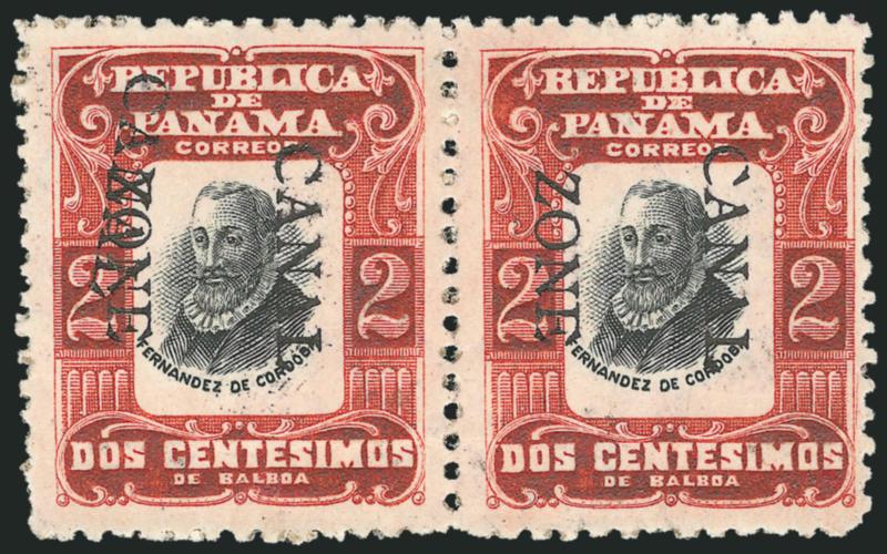 1906, 2c Red & Black, Ovpt. Reading Down, Canal Double (23i).> In pair with normal, tropicalized original gum, intense color<><>^VERY FINE AND CHOICE. ONLY THREE EXAMPLES ARE KNOWN.^<><>Of the three recorded
examples, only this one and one othe