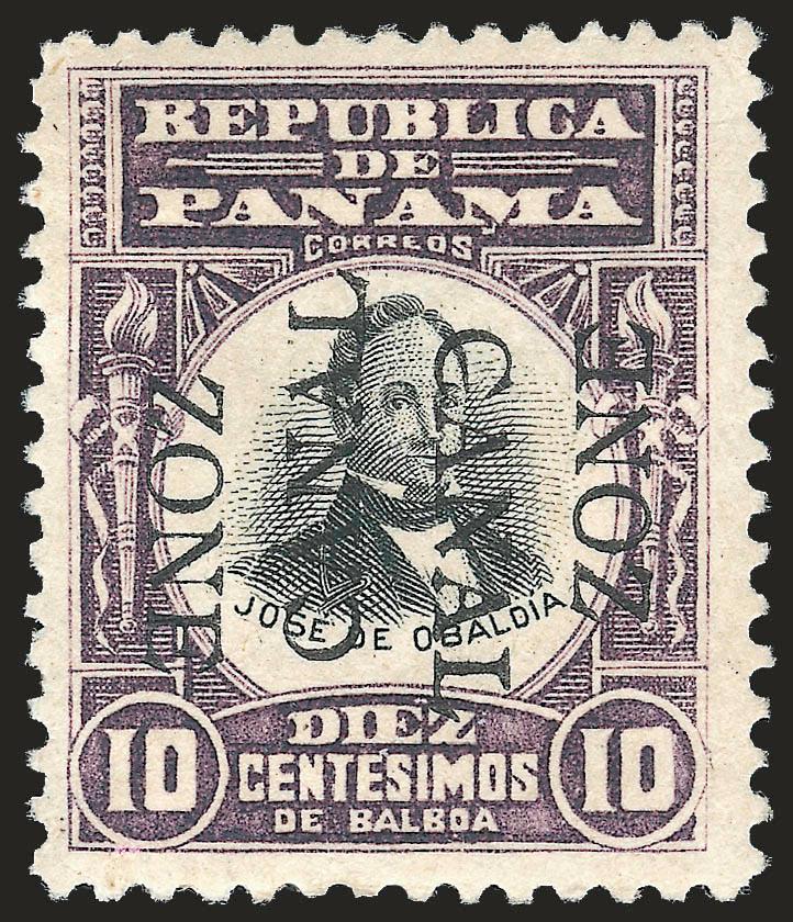 1906, 10c Violet & Black, Double Ovpt., One Reading Up (26a).> H.r., deep rich colors, wide margins<><>^VERY FINE AND CHOICE. ONLY TEN COPIES OF THIS RARE ERROR WERE PRINTED AND ONLY FIVE ARE
KNOWN.^<><>According to <<Canal Zone Stamps>>, the ove