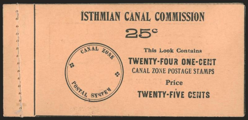 1909, 2c Vermilion & Black, Ovpt. Reading Up, Booklet Pane of Six, Handmade, Perf Margins (32c).> Complete booklet of four panes with tabs at bottom, <with salmon-colored cover intended for use with the one-cent
stamps,> front cover almost completely