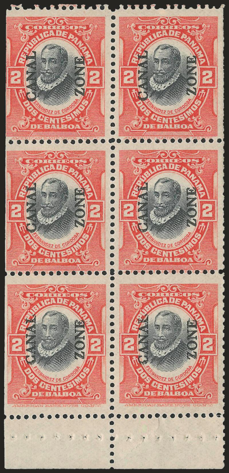 1909, 2c Vermilion & Black, Ovpt. Reading Up, Booklet Pane of Six, Handmade, Perf Margins (32c).> Mint N.H., radiant colors, perfs at left trimmed but those at right mostly intact, few short perfs at top, Fine,
attractive pane, Scott Retail as hinged