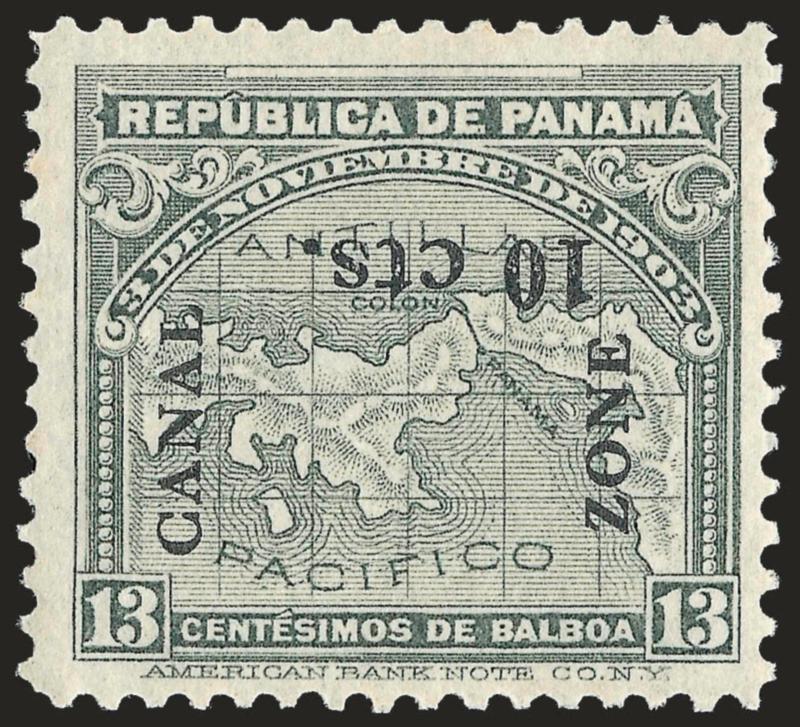 1911, 10c on 13c Gray, 10 cts Inverted (36a).> Tropicalized original gum, bright shade, Very Fine, it is believed than only one pane of 100 was issued (some of which are known used), with 1972 A.P.S.
certificate