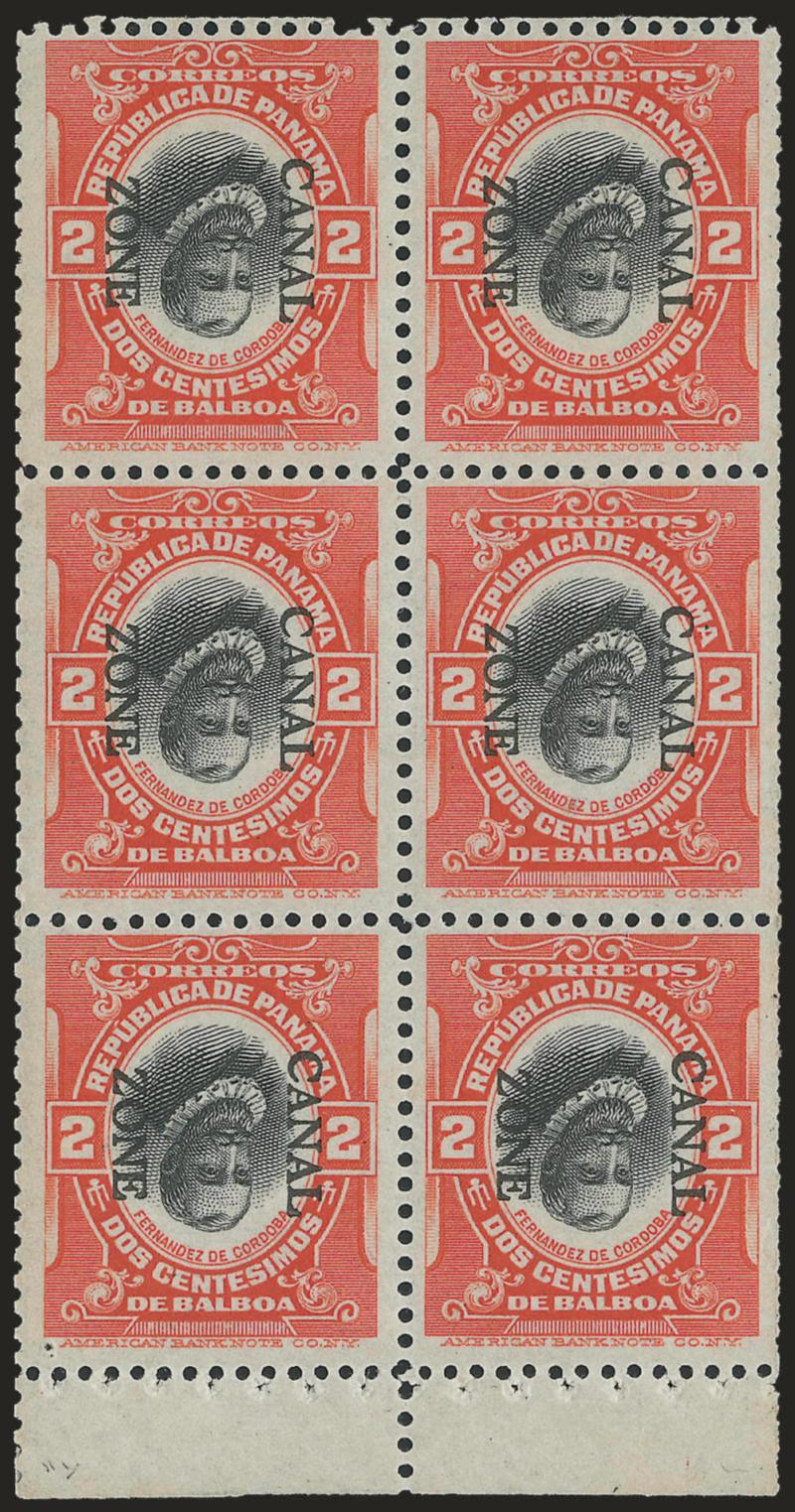 1912, 2c Vermilion & Black, Ovpt. Reading Down, Inverted Center, Booklet Pane of Six, Handmade Perf Margins (39f).> Tropicalized original gum, tab at bottom with stitching holes (one goes into one stamp), bright
colors<><>^VERY FINE. ONE OF THE RAR