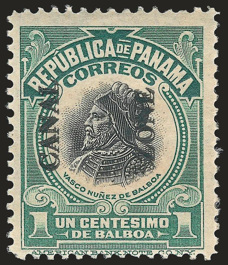 1915, 1c Green & Black, Double Ovpt. (46b).> Tropicalized original gum, Fine, only 180 were printed: two panes were printed, one with overprints close together, the pane with overprints apart also produced two
other varieties: Scott 46c Zone double