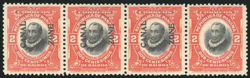 1918, 2c Vermilion & Black, Horizontal Pair, Right Stamp Without Ovpt. (53b).> Horizontal strip of four, right stamp missing overprint, tropicalized original gum, brilliant color, beautiful centering<><>^VERY
FINE AND VERY RARE. ONLY 22 PAIRS ARE K