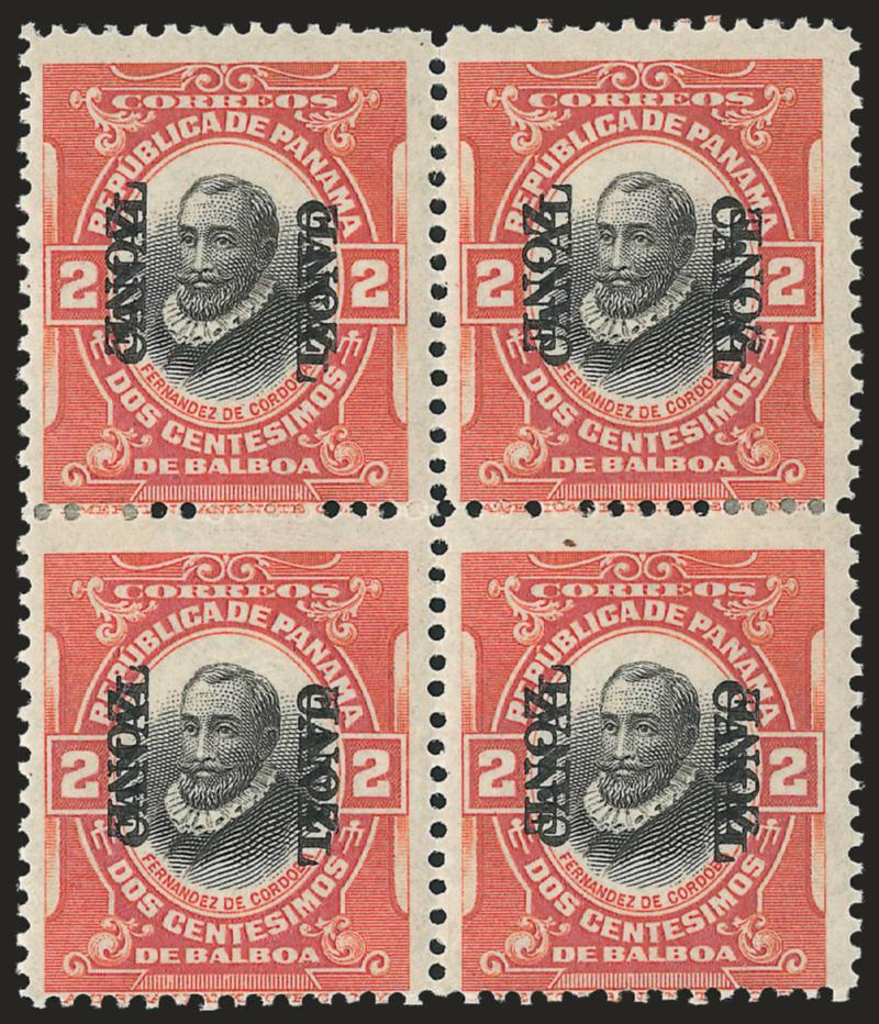 1920, 2c Orange Vermilion & Black, Double Ovpt., One Reading Down (56b).> Block of four, original gum, h.r., rich color, fresh and Fine, scarce multiple, only 100 were printed, with 1999 P.F.
certificate