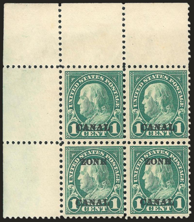 1924, 1c Deep Green, Canal Only, Zone Canal (71c, 71d).> Top left corner selvage block of four with part arrow at left, natural s.e. at left, barely tropicalized original gum, deep rich color<><>^VERY FINE AND
CHOICE. THE UNIQUE TOP LEFT CORNER