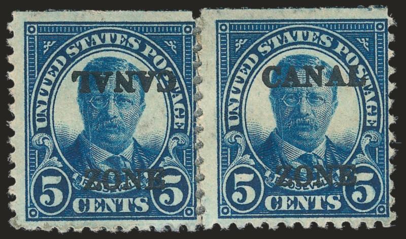 1926, 5c Dark Blue, Canal Inverted (86b).> In rejoined horizontal pair with normal, Positions 7-8 from bottom right pane, disturbed original gum, h.r., natural s.e. at top, rich color, the variety light gum
soaks at bottom, otherwise Fine, approxim