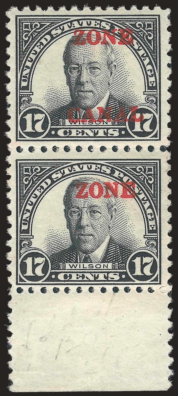 1926, 17c Black, Zone only, Zone Canal (91a, 91c).> Vertical pair with selvage at bottom, bottom stamp Zone only, tropicalized original gum, crisp impression erased pencil notation in selvage leaves slight
indentation, Very Fine, scarce and des