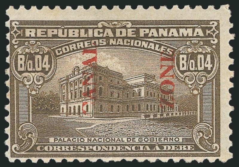 1919, 4c on 4c Olive Brown, Postage Due, 4 Omitted (J11b).> Slightly tropicalized original gum, fresh color<><>^FINE AND RARE. IT IS BELIEVED THAT ONLY TWO COPIES OF THIS VARIETY EXIST.^<><>Part of the C of
Canal is also missing, which indi