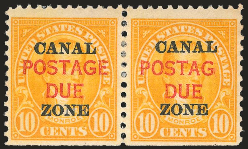 1925, 10c Orange, Postage Due, E of Postage Omitted (J17b).> In pair with normal, natural s.e. at bottom, tropicalized original gum, brilliant color, right stamp smal corner crease at bottom right, Fine
appearance, only a few sheets with the erro