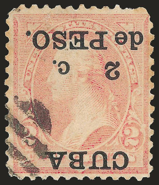 1899, 2c on 2c Reddish Carmine, Ty. IV, Inverted Surcharge (222Ad).> Face-free strike of grid cancel, faded color, few small flaws<><>^FINE APPEARANCE. A RARE USED EXAMPLE OF THE CUBA TWO-CENT INVERTED
SURCHARGE.^<><>Very few are known.