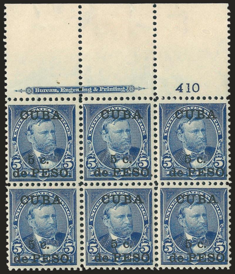 1899, 5c on 5c Blue (225).> Mint N.H. top imprint and plate no. 410 block of six with wide selvage, deep rich color, choice centering throughout, Very Fine-Extremely Fine, a beautiful Mint N.H. plate block,
Scott Retail as hinged