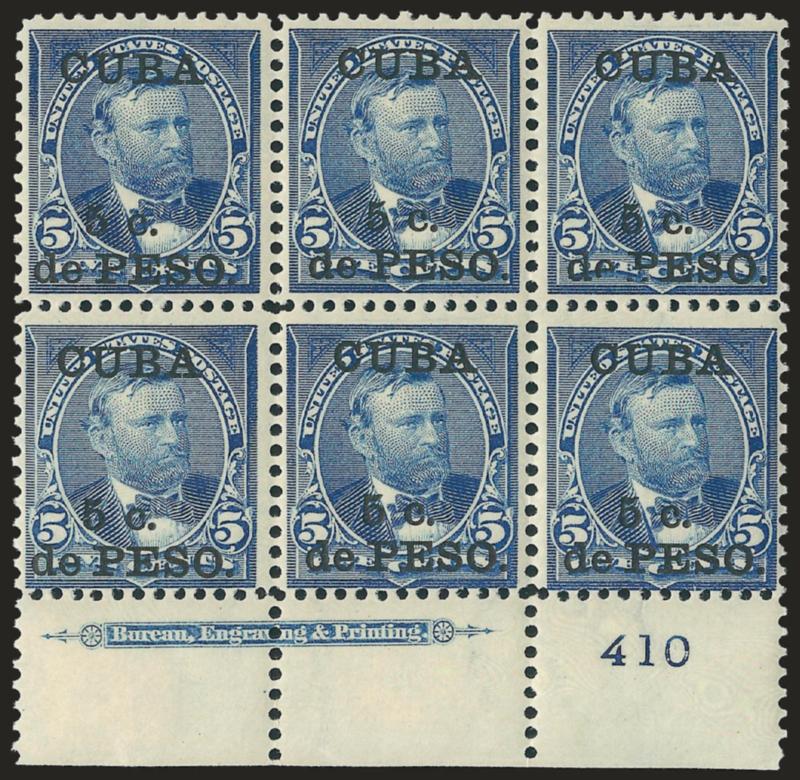 1899, 5c on 5c Blue (225).> Bottom imprint and plate no. 410 block of six, stamps Mint N.H., h.r. in selvage, bright shade, fresh and Very Fine