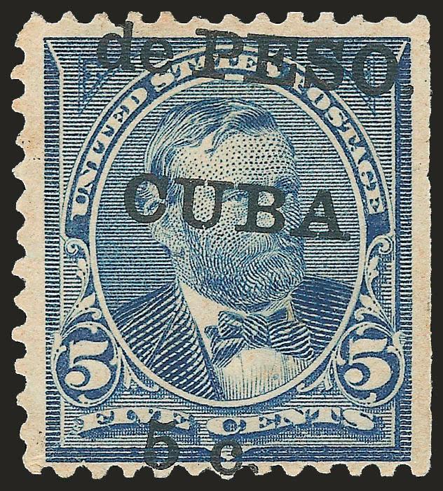 1899, 5c on 5c Blue (225).> Block of four and two singles, the block and one single s.e. at right, bottom right stamp of block with CUPA overprint, singles with shifted overprints and broken C caused by
foldover, overall Fine-Very Fine, interesti