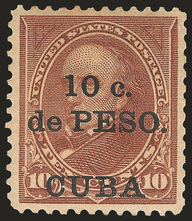 1899, 10c on 10c Brown, Ty. I, CUBA at Bottom (226 var).> Original gum, h.r., intense shade and impression, well-balanced margins, few trivial toned spots on back, Very Fine appearing example of this distinctive
variety