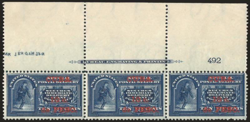 1899, 10c on 10c Blue, Special Delivery (E1).> Top imprint and plate no. 492 strip of three with extra wide selvage, deep rich color, lightly hinged, faint crease in selvage at top right (easily trimmed), few
expertly rejoined perf separations at top