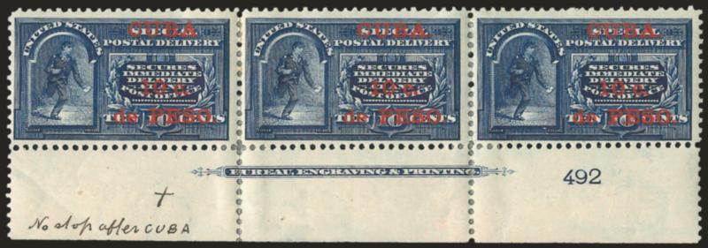 1899, 10c on 10c Blue, Special Delivery, No Period After Cuba (E1a).> Bottom imprint and plate no. 492 strip of three, original gum, h.r. where some perf separations reinforced, few thins, ms. in selvage at
bottom left, otherwise Fine