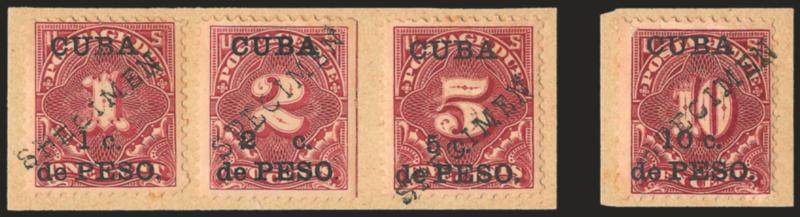 1899, 1c-10c Deep Claret, Postage Due, Specimen Ovpt. (J1S-J4S).> Two pieces, one containing first three values and last with 10c, cancelled or tied by large Specimen handstamps, hinged in place, Fine, prepared
for use at the 1900 Paris Exhibitio