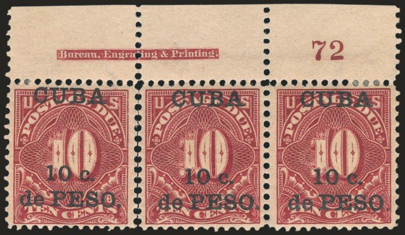 1899, 1c-10c Deep Claret, Postage Due (J1-J4).> Top imprint and plate no. pairs, 5c with especially wide selvage, slightly disturbed original gum, 10c with some perf separations, otherwise Fine-Very Fine, Scott
Retail as singles