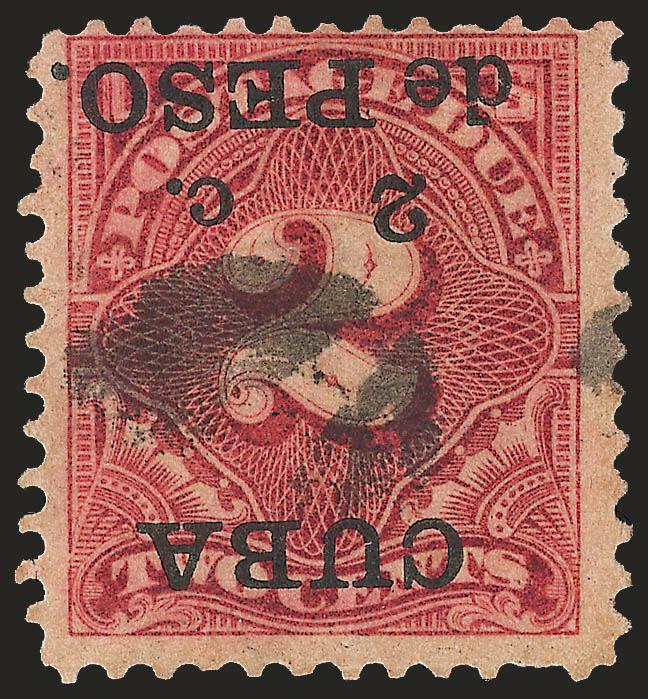 1899, 2c on 2c Deep Claret, Postage Due, Inverted Surcharge (J2a).> Rich color, neat cancel leaves design and inverted surcharge clearly visible, light internal natural paper wrinkle, short perf at bottom
right<><>^FINE APPEARING EXAMPLE OF THE CUB