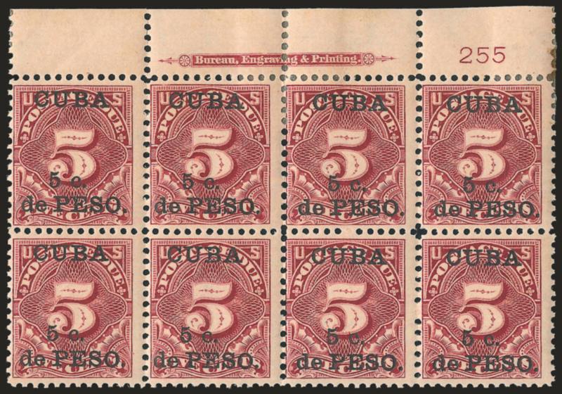 1899, 5c on 5c Deep Claret, Postage Due (J3).> Top imprint and plate no. 255 block of eight, original gum, five stamps Mint N.H., others h.r., bright shade, fresh and Fine