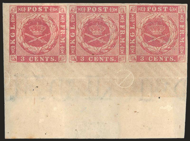 1866, 3c Rose (2).> Large to huge margins incl. <sheet margin at bottom,> original gum, h.r., rich color, horizontal crease in selvage only well away from stamps, Very Fine-Extremely Fine, Scott Retail as
singles