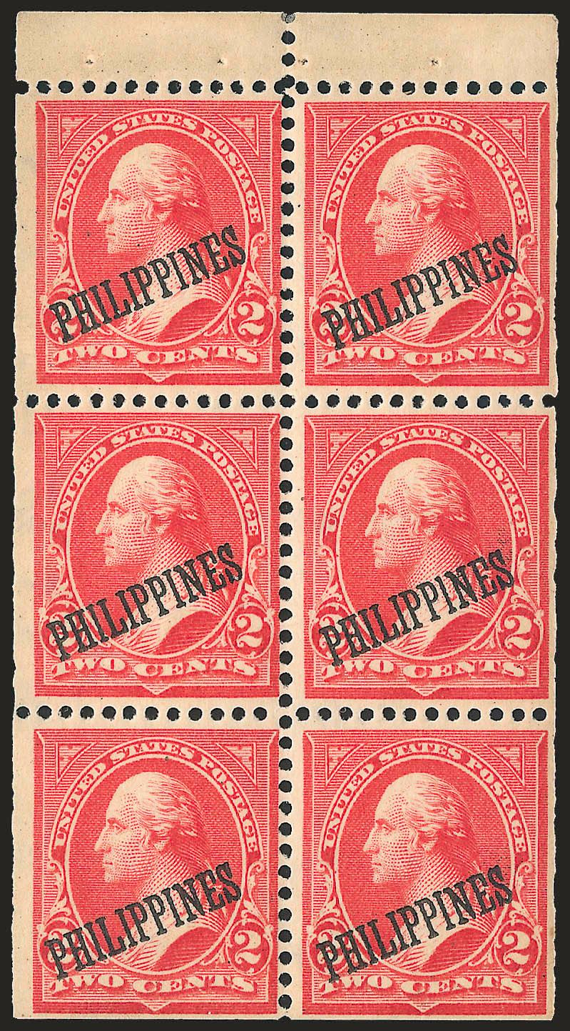 1900, 2c Carmine, Booklet Pane of Six (214b).> Two, both Scott-listed shades, Red with tropicalized original gum, Orange Red Mint N.H. with one stamp slightly disturbed original gum, Fine-Very Fine, latter with
2000 P.F. certificate