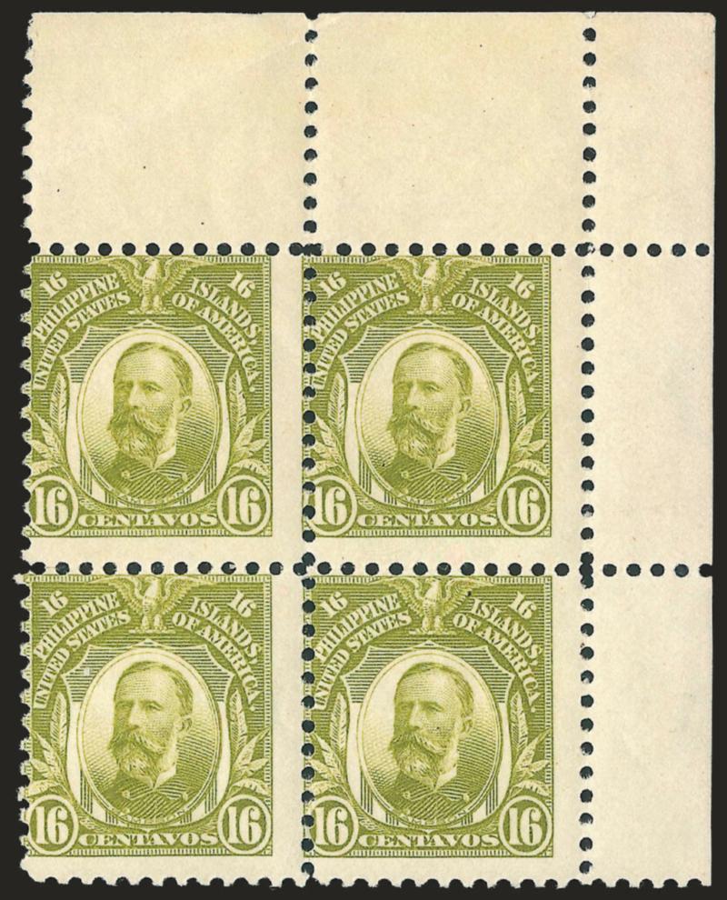 1918, 16c Olive Green (289).> Mint N.H. top right corner block of four, bright color, centered to top left, almost Fine, still an attractive position block, Scott Retail as singles