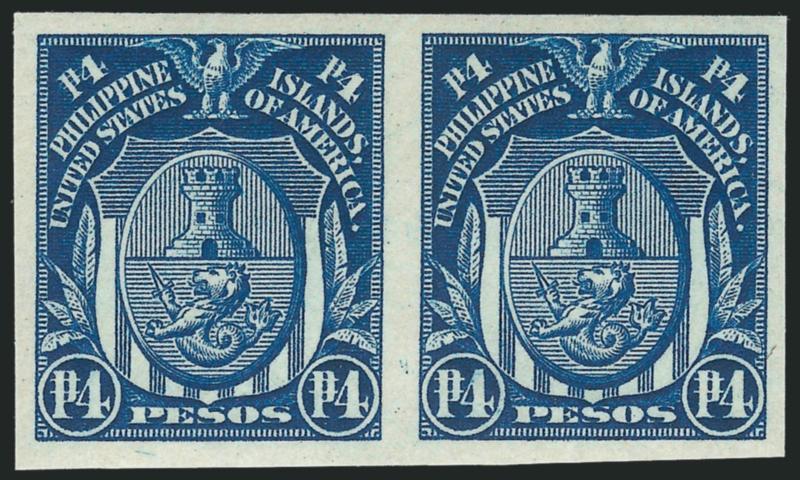 1925, 4p Deep Blue, Imperforate (352a).> Horizontal pair, left stamp Mint N.H., right stamp single hinge mark, large margins, rich color<><>^VERY FINE AND CHOICE. AN ATTRACTIVE AND SCARCE PAIR OF THE 1925 4-PESO
IMPERFORATE IN THE DEEP BLUE SHADE.^