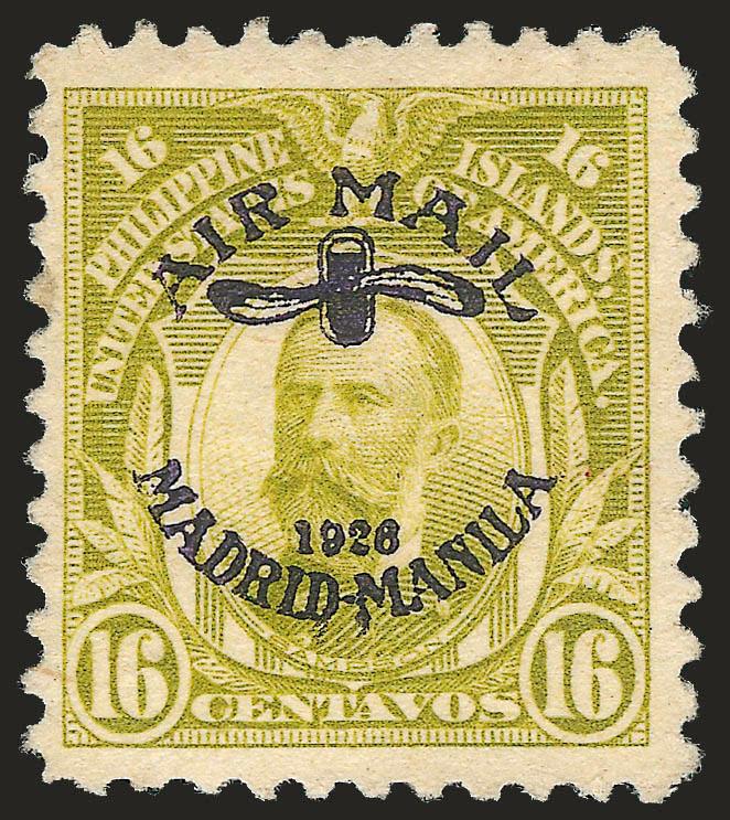 1926, 16c Light Olive Green, Violet Overprint (C7).> Disturbed original gum, h.r., pretty shade, single toned perf at left, otherwise Very Fine, scarce as only 300 were issued, Kessler, Sanabria and third
backstamp, with 1981 R.P.S. certificate
