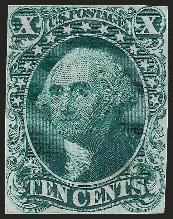 10c Green, Ty. I., Large Die Proof on India (13P1).> Off card, cut down to stamp size and gummed, tight margins but clear all around, Fine, possibly produced in this form as a hybrid, nevertheless a rare die
proof