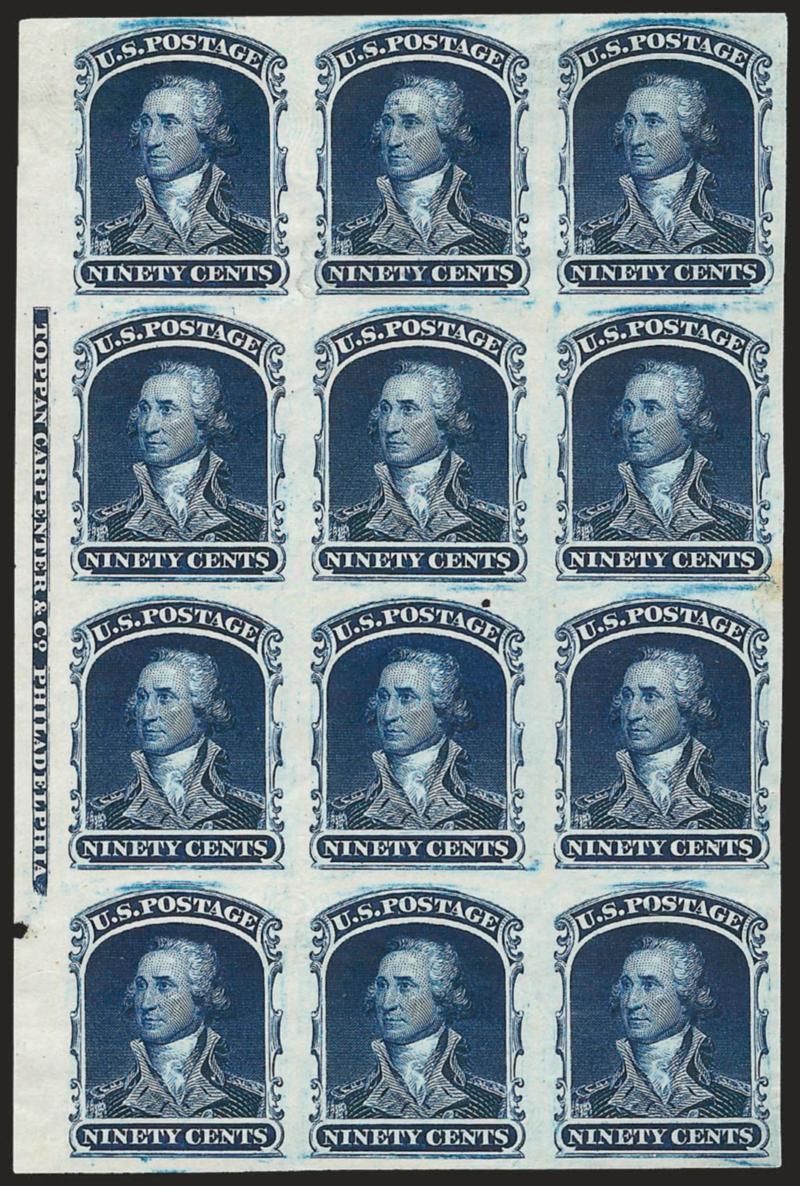 90c Deep Blue, Reprint, Plate Proof on India (47P3).> Block of twelve with <full imprint at left,> large margins other sides, deep rich color, few flaws often found on this fragile paper including small thins,
small nick in margin at left and tiny ho